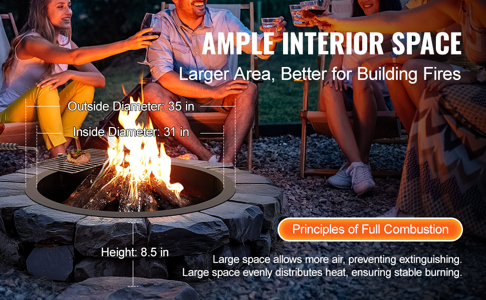 VEVOR fire pit ring in use, surrounded by friends, measurements shown for outside and inside diameter, height.