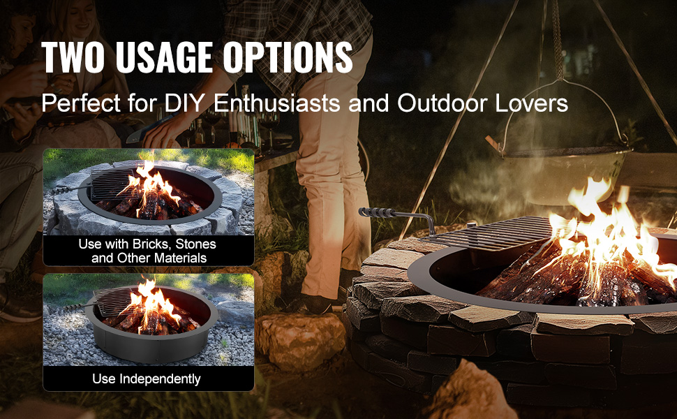 VEVOR fire pit ring with two usage options for diy enthusiasts and outdoor lovers around a fire.