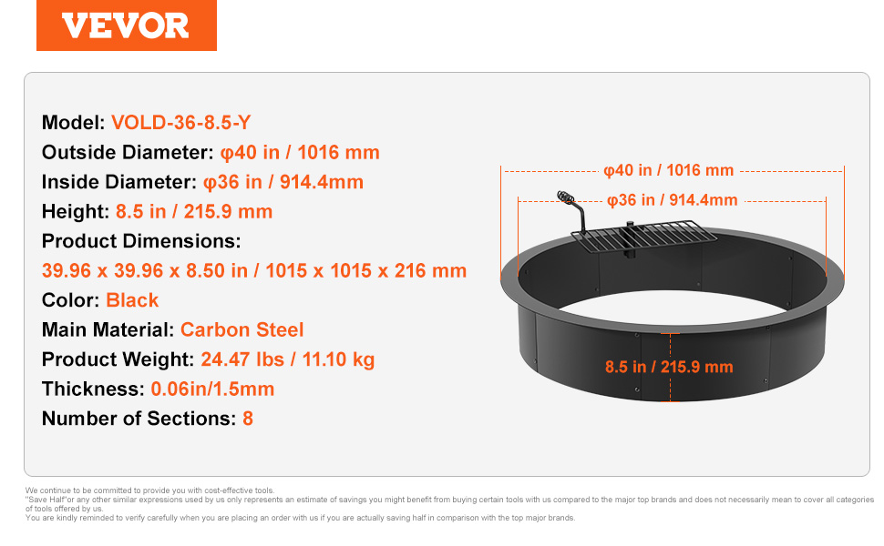 VEVOR fire pit ring, model vold-36-8.5-y, carbon steel, 40 in diameter, black, 8 sections, 8.5 in height.