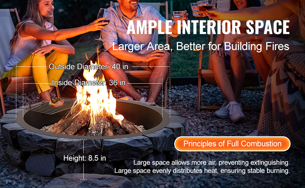 VEVOR fire pit ring with a 40in outside diameter and 36in inside diameter, perfect for gatherings.