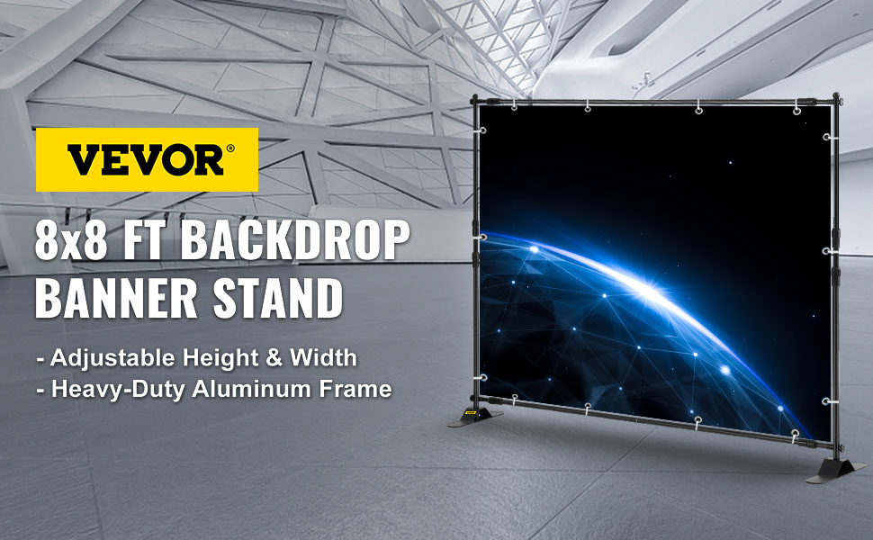 VEVOR telescopic backdrop stand with adjustable height and width, aluminum frame.