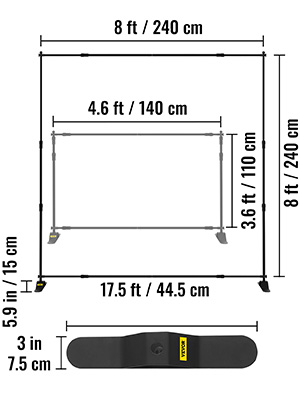 VEVOR telescopic backdrop stand dimensions chart with adjustable height and width.
