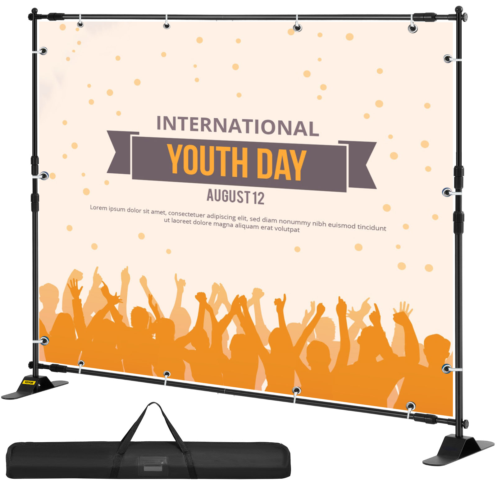 VEVOR telescopic backdrop stand displaying "international youth day" banner with carrying bag.