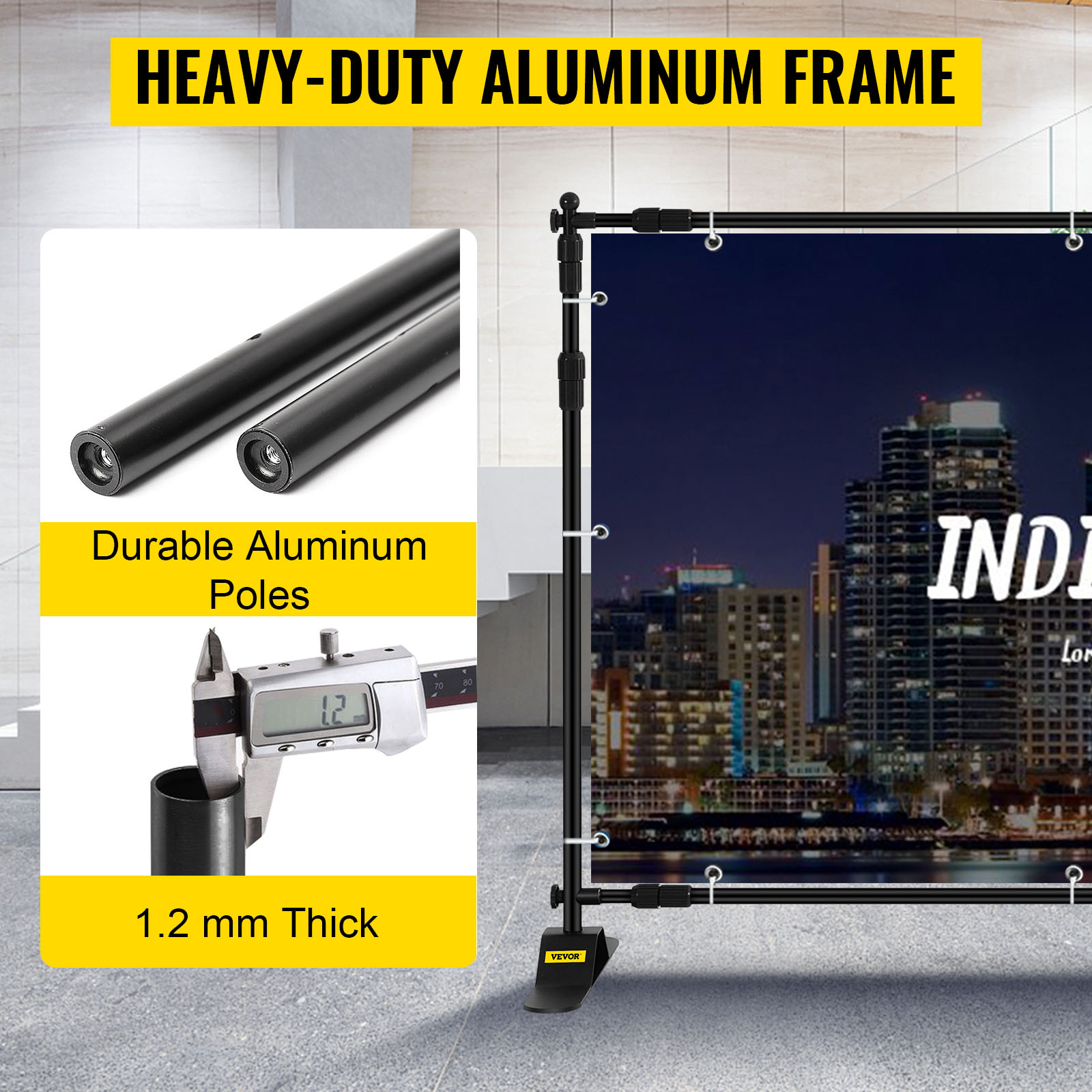 VEVOR telescopic backdrop stand with heavy-duty aluminum frame and 1.2 mm thick poles.