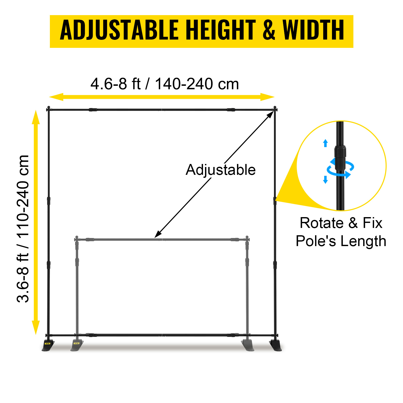 VEVOR telescopic backdrop stand with adjustable height (3.6-8 ft) and width (4.6-8 ft).