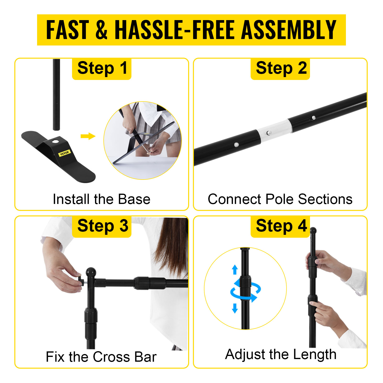 fast assembly guide for VEVOR telescopic backdrop stand: install base, connect poles, crossbar, adjust.