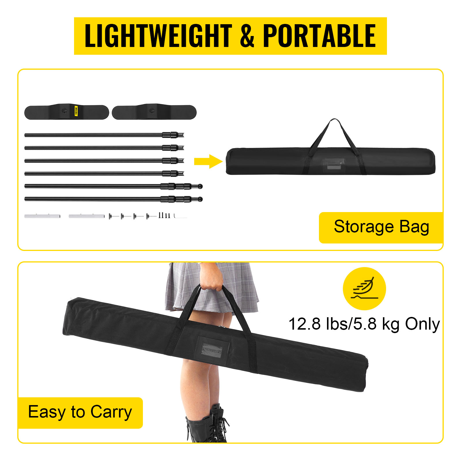 VEVOR telescopic backdrop stand: lightweight, portable, and easy to carry with storage bag.