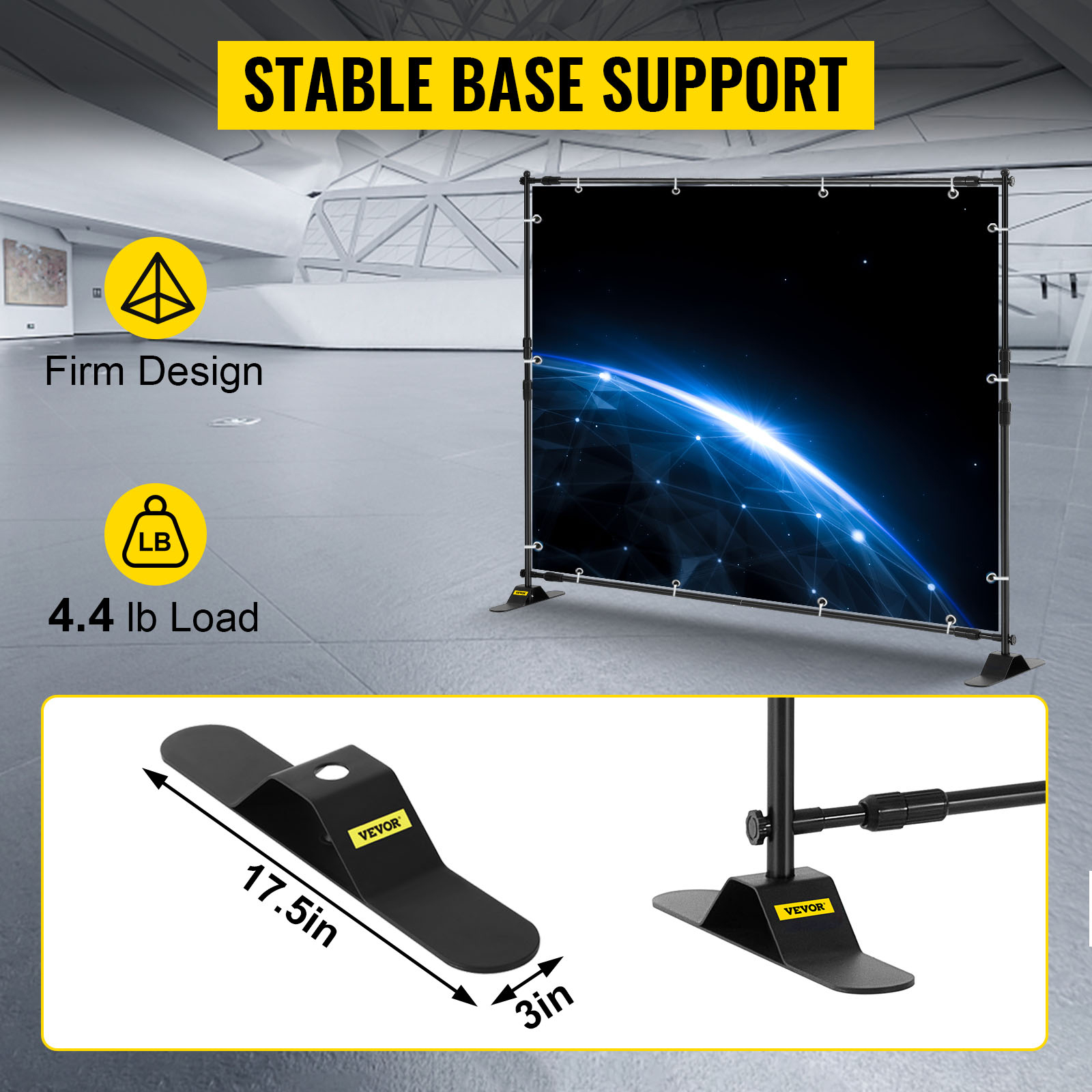 VEVOR telescopic backdrop stand with 4.4 lb load capacity and a firm design in a hall.