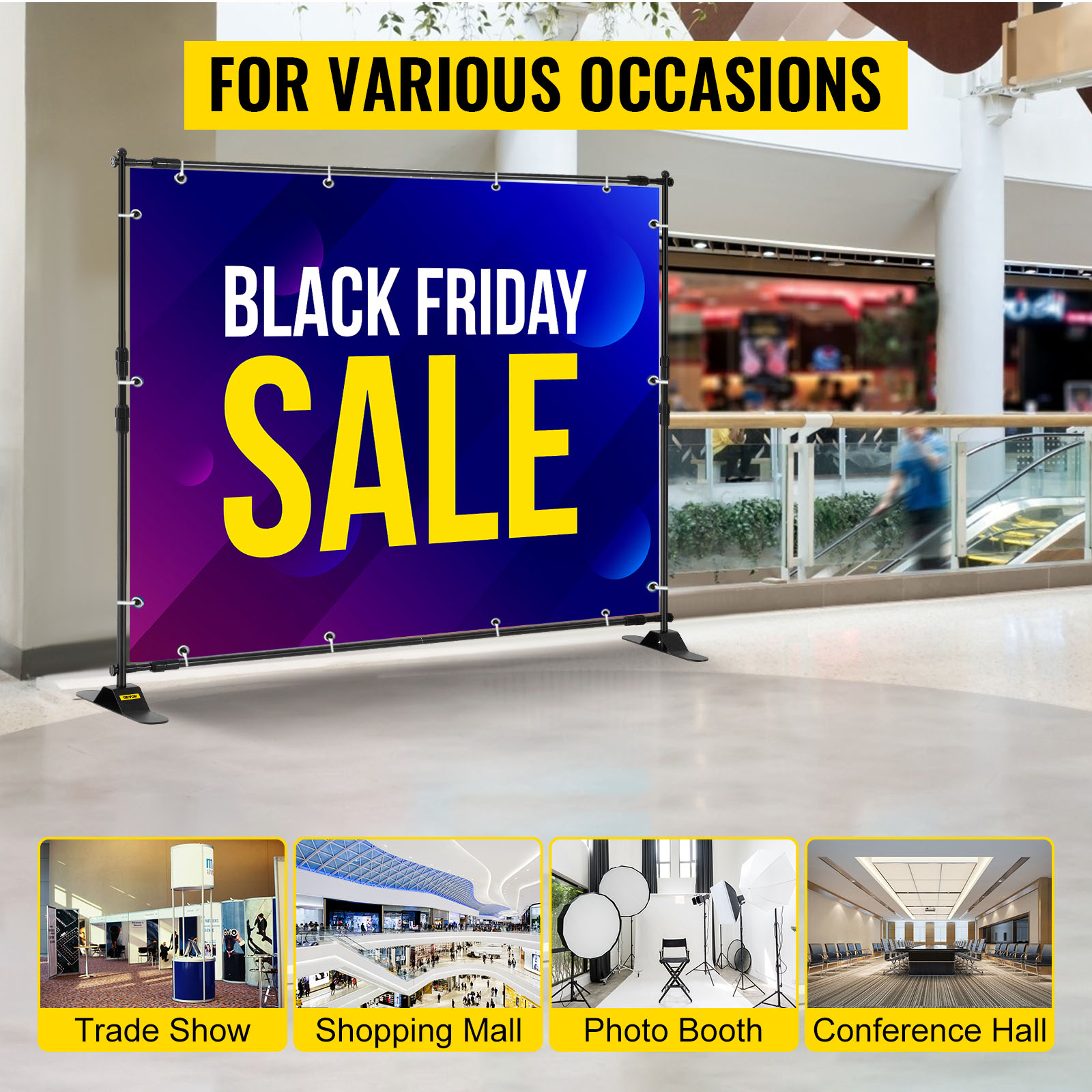 VEVOR telescopic backdrop stand with black friday sale banner in a shopping mall.