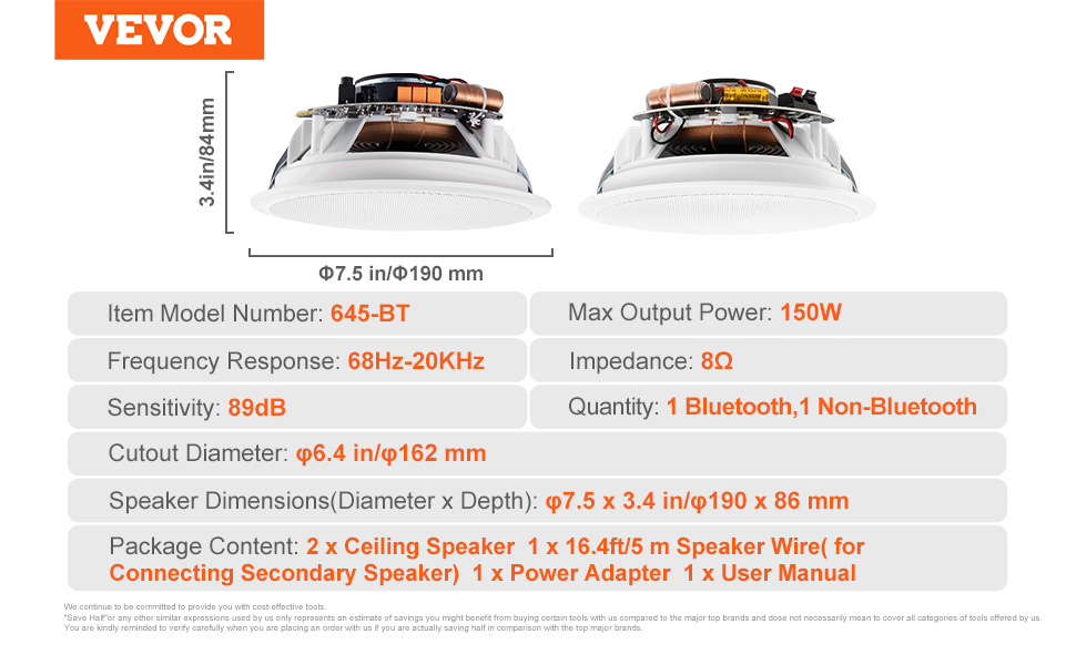 VEVOR ceiling speakers, 645-bt model with max output power of 150w, sensitivity 89db, and 68hz-20khz.