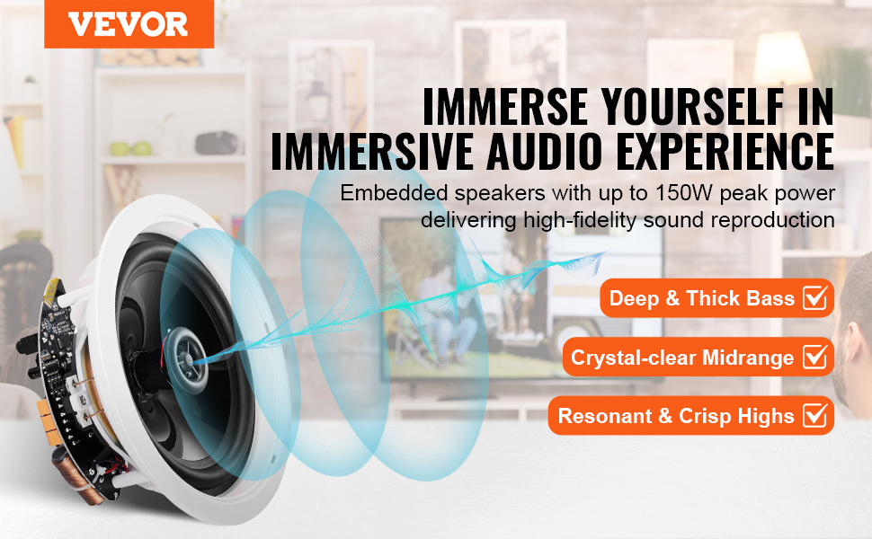 VEVOR ceiling speakers for immersive audio with deep bass, clear midrange, and crisp highs. 150w peak power.