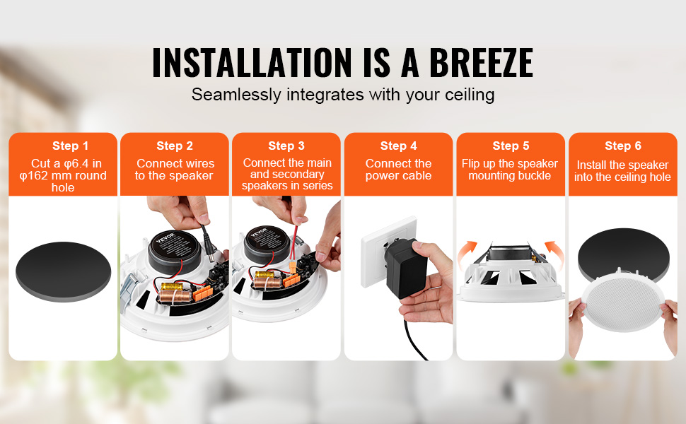 installation steps for VEVOR ceiling speakers, showing cutting hole, wiring, connecting, mounting, and fitting.