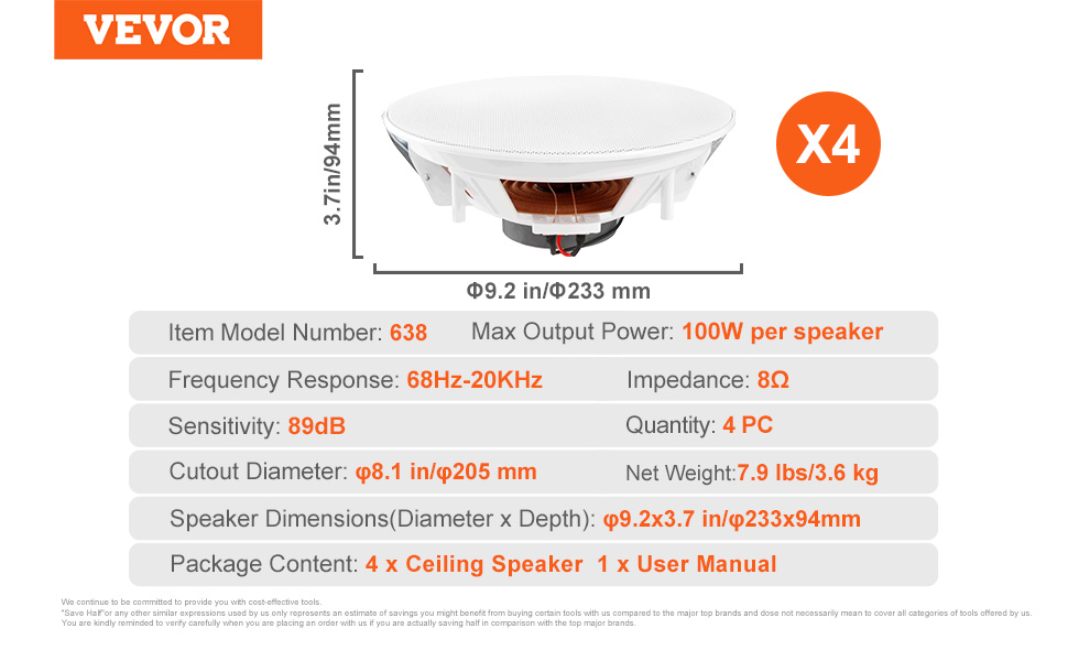 VEVOR ceiling speakers specs: 100w power, 68hz-20khz, 89db sensitivity, 8ω impedance, set of 4.