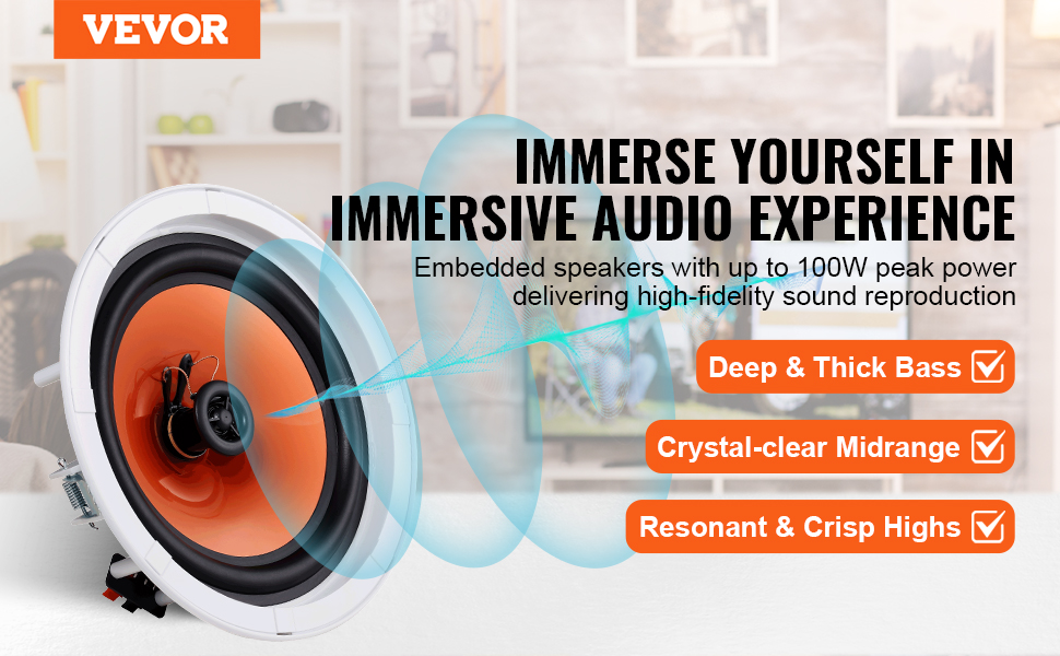 VEVOR ceiling speakers advertisement showcasing deep bass, clear midrange, and crisp highs in a modern room.
