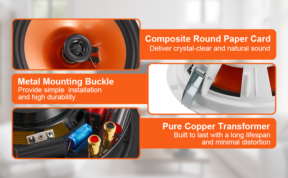 VEVOR ceiling speakers with composite round paper card, metal mounting buckle, and pure copper transformer.