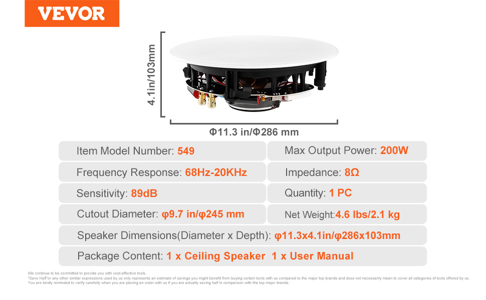 VEVOR ceiling speakers specs: 200w power, 68hz-20khz response, 8ω impedance, 89db sensitivity.