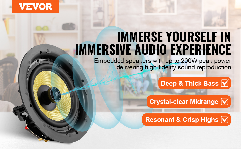 VEVOR ceiling speakers with 200w peak power offering deep bass, clear midrange, and crisp highs.
