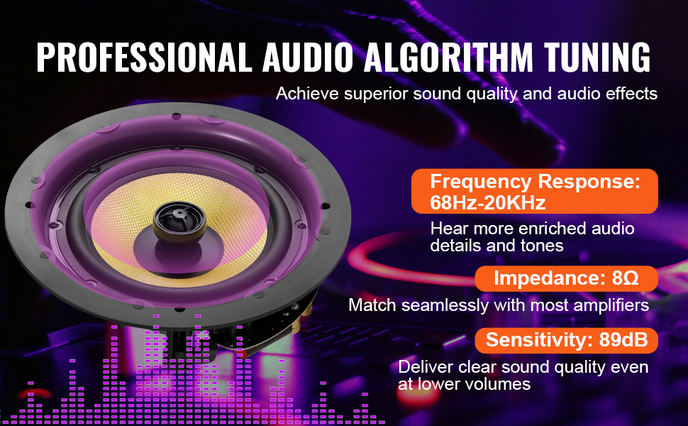 VEVOR ceiling speakers with 68hz-20khz frequency response, 8ω impedance, and 89db sensitivity for superior sound.