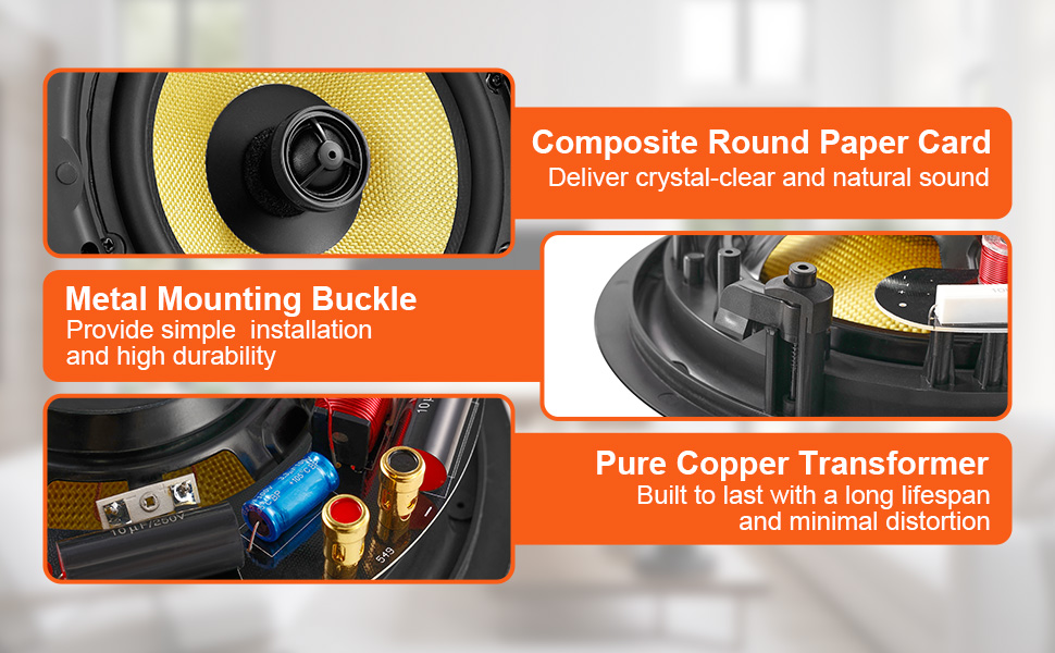 VEVOR ceiling speakers with composite round paper card, metal mounting buckle, and pure copper transformer.