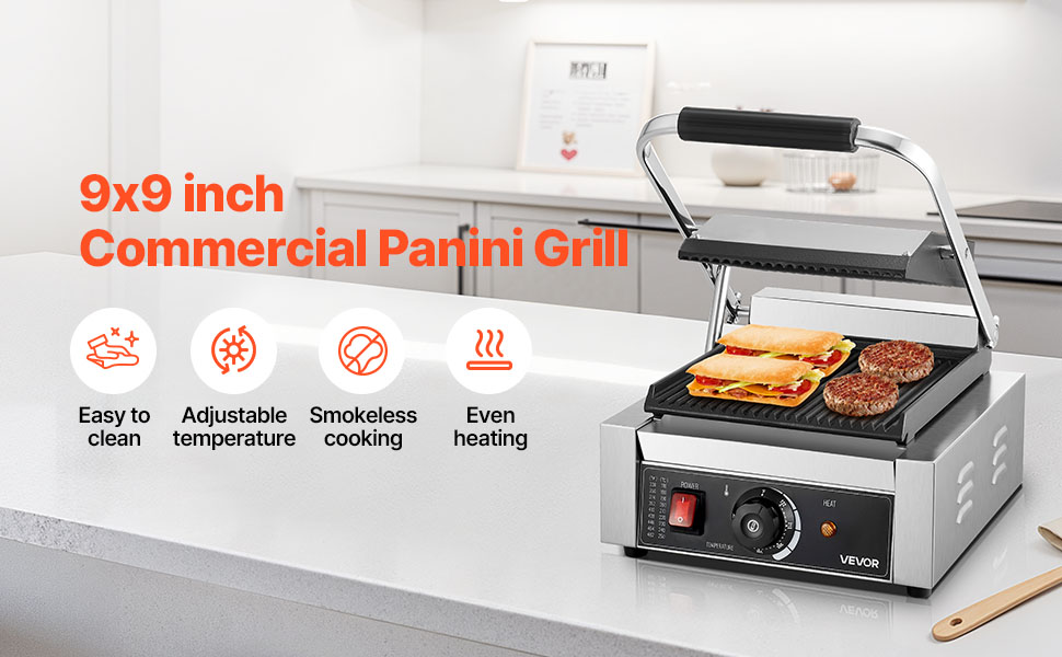 VEVOR panini press commercial grill with sandwiches, orange juice, and kitchen counter features.