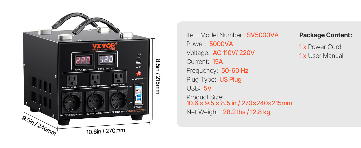 Перетворювач напруги VEVOR 5000VA з виходом 110V/220V для сучасного кухонного середовища.