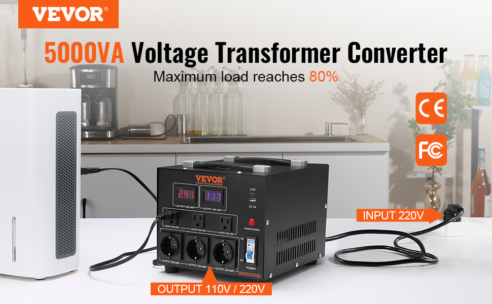Перетворювач напруги VEVOR 5000VA з виходом 110V/220V для сучасного кухонного середовища.