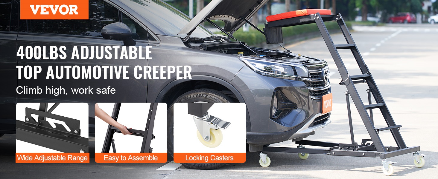 VEVOR automotive top creeper beside a car with hood open, features adjustable range and locking casters.