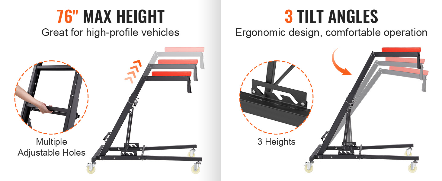 VEVOR automotive top creeper with 76" max height, 3 tilt angles, and multiple adjustable holes.