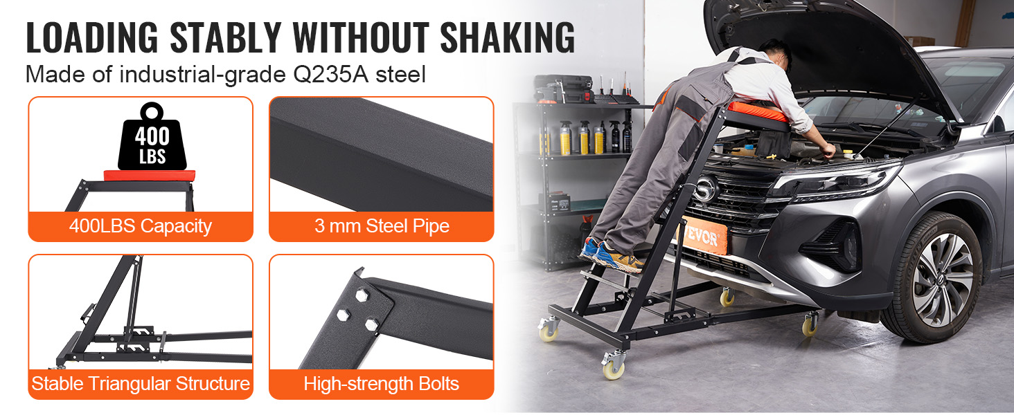 mechanic using VEVOR automotive top creeper, 400 lbs capacity, q235a steel, stable triangular structure.