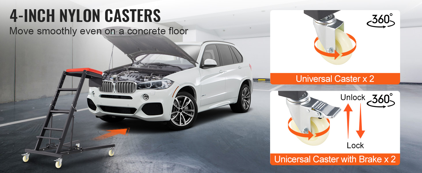 VEVOR automotive top creeper with 4-inch nylon casters, universal and locking, next to a white suv.