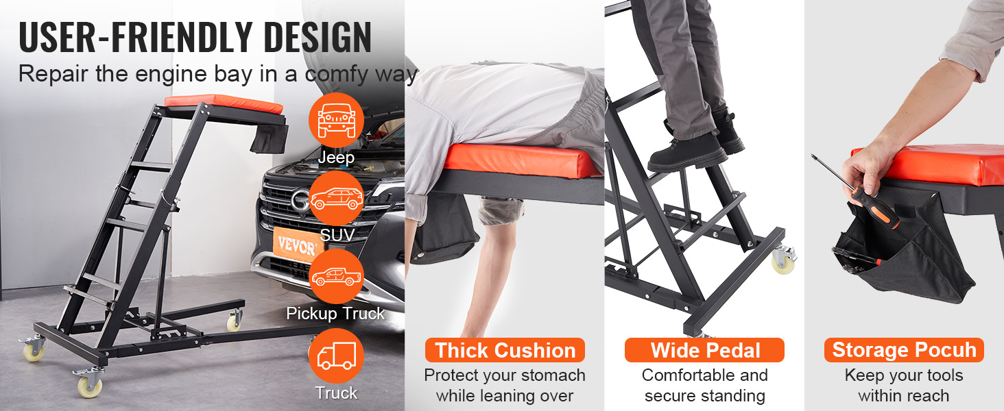 VEVOR automotive top creeper with thick cushion, wide pedal, and storage pouch for truck maintenance.