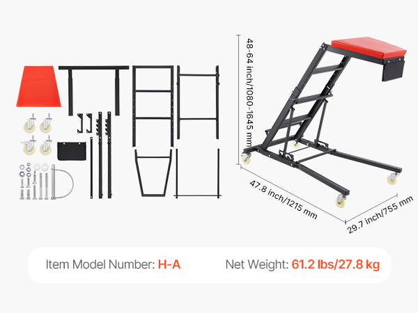 Piezas, dimensiones y características del conjunto de arrastre del motor VEVOR. Modelo del artículo: ha, 47,8 x 29,7 x 64,8 pulgadas.