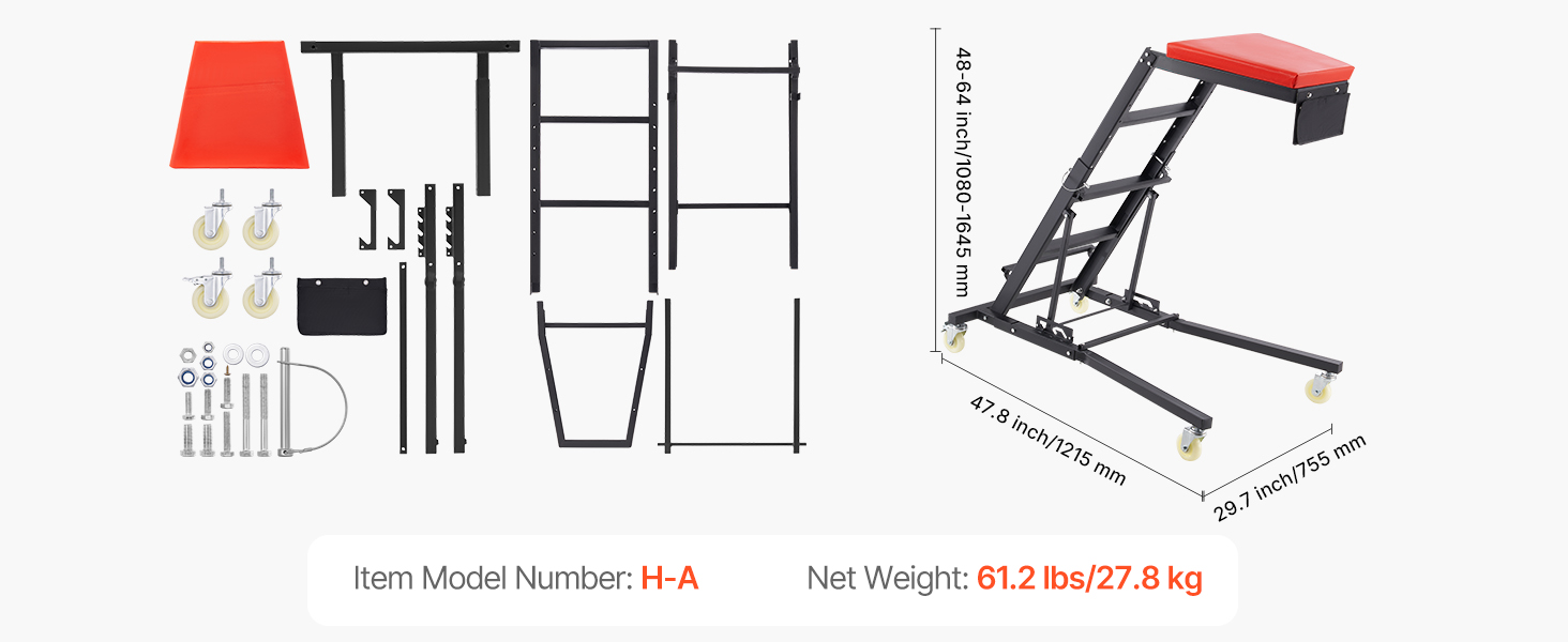 Piezas, dimensiones y características del conjunto de arrastre del motor VEVOR. Modelo del artículo: ha, 47,8 x 29,7 x 64,8 pulgadas.