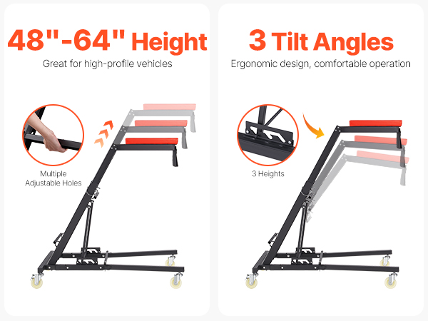 Camilla de motor VEVOR con altura máxima de 64,8”, 9 orificios ajustables, 3 ángulos de inclinación para un funcionamiento ergonómico.