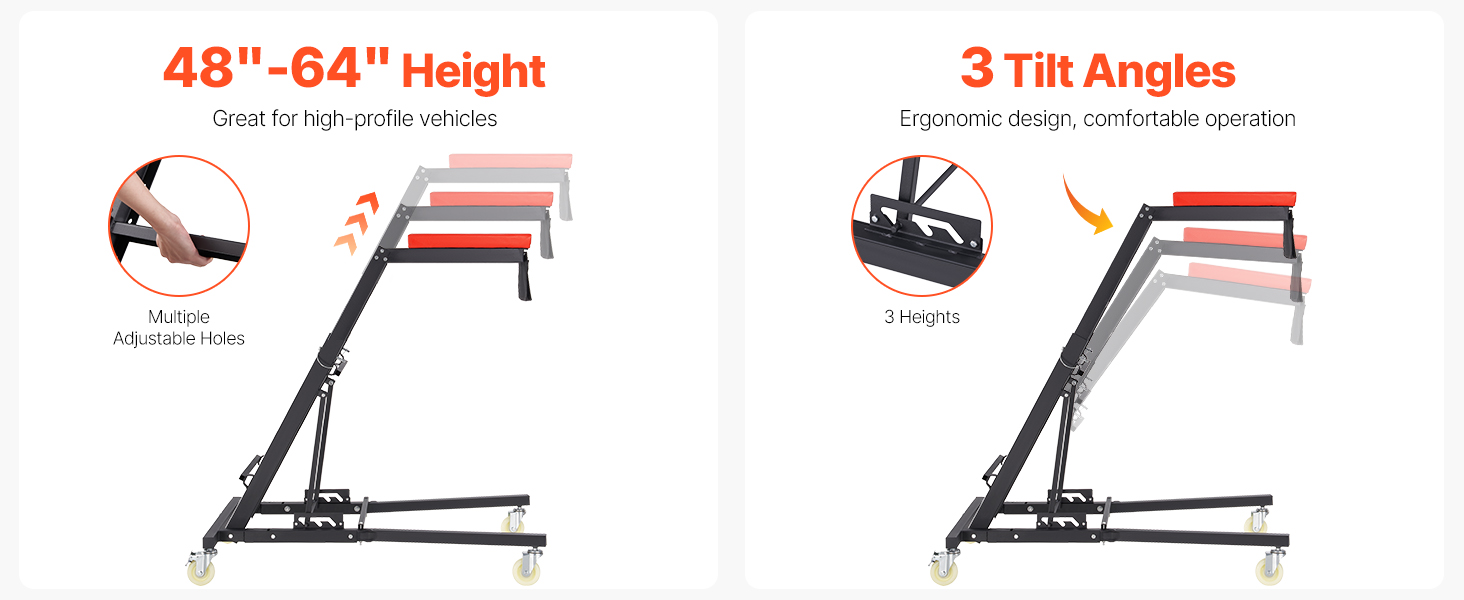 Camilla de motor VEVOR con altura máxima de 64,8”, 9 orificios ajustables, 3 ángulos de inclinación para un funcionamiento ergonómico.