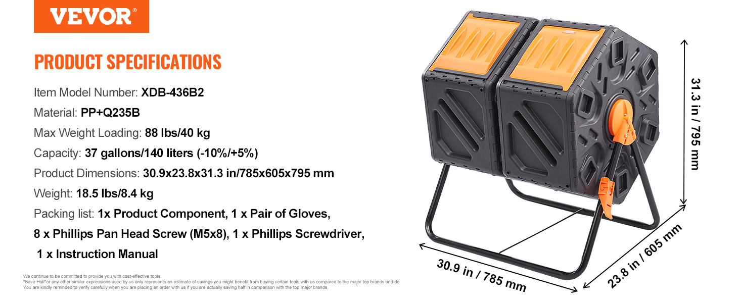 VEVOR compost bin dual-chamber with 37-gallon capacity, pp+q235b material, and 88 lbs max weight loading.