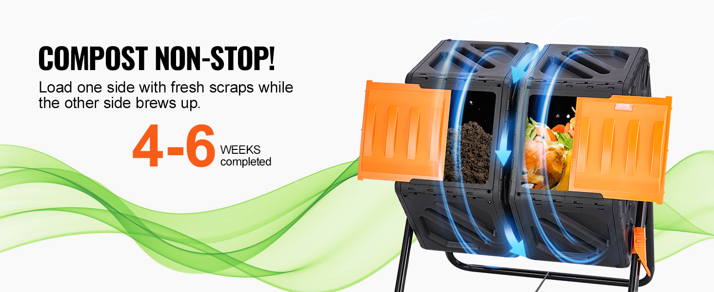 VEVOR compost bin with dual chambers for composting kitchen scraps and garden waste, 4-6 weeks completion.