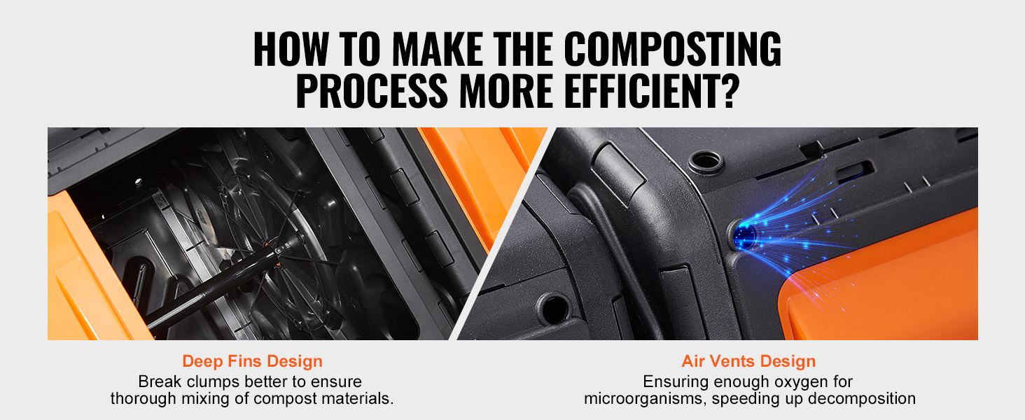VEVOR compost bin features deep fins for thorough compost mixing and air vents for efficient decomposition.