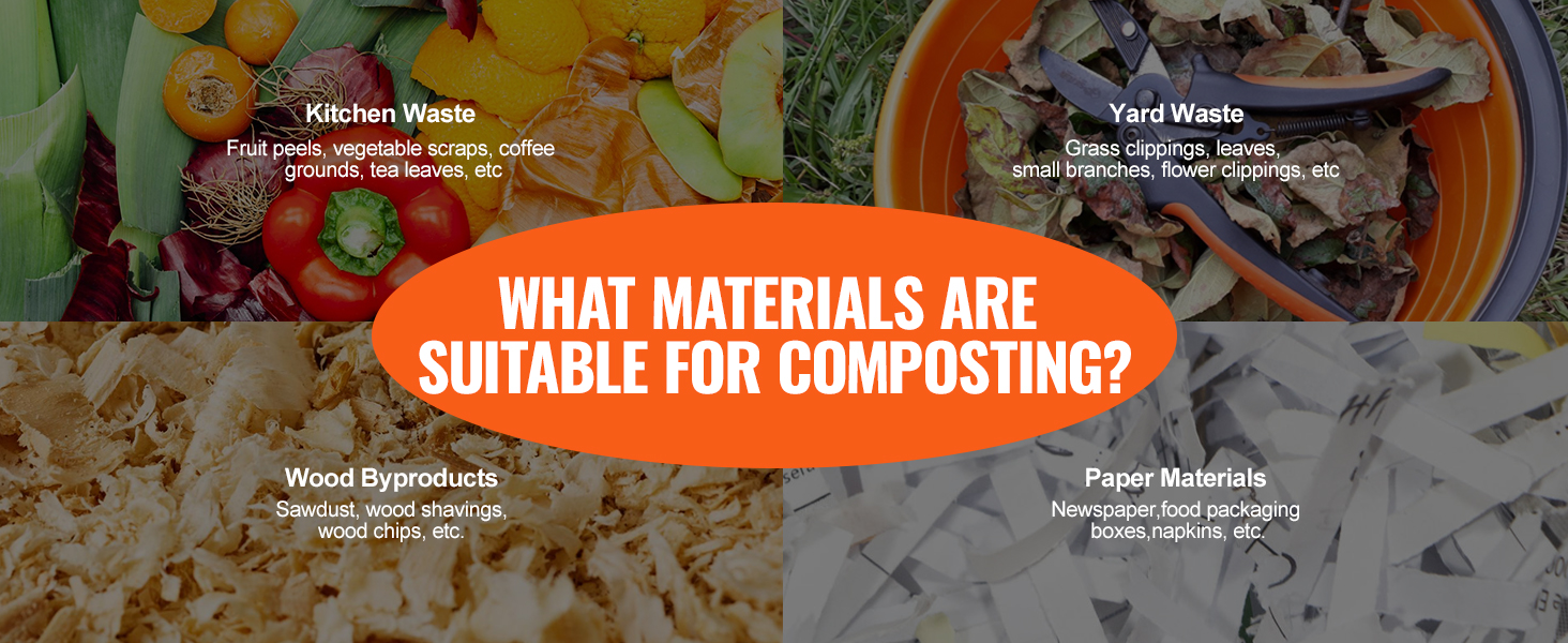 suitable materials for composting: kitchen waste, yard waste, wood byproducts, paper materials. ideal for VEVOR compost bin.