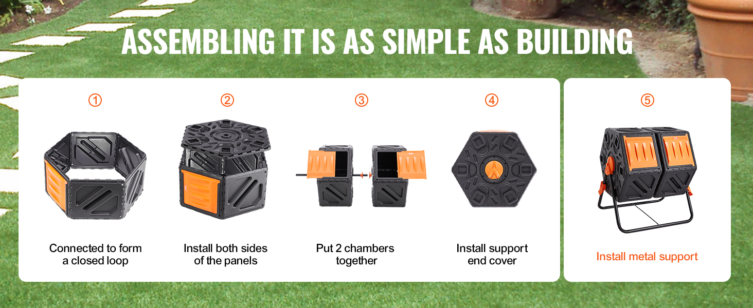 assembly steps of VEVOR compost bin with images and text instructions against a garden background.