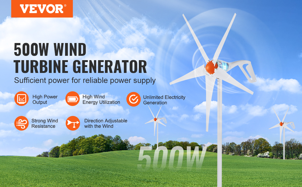 Wind Bitmap VEVOR 500W Wind Turbine Generator, 12V Wind Turbine Kit, 5-Blade Wind ...
