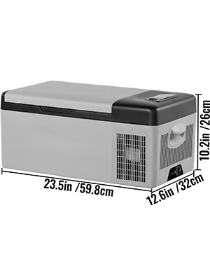 VEVOR 12 volt refrigerator with dimensions: 23.5in x 12.6in x 10.2in.