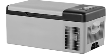 VEVOR 12 volt refrigerator in silver and black, featuring ventilation panel and digital display.