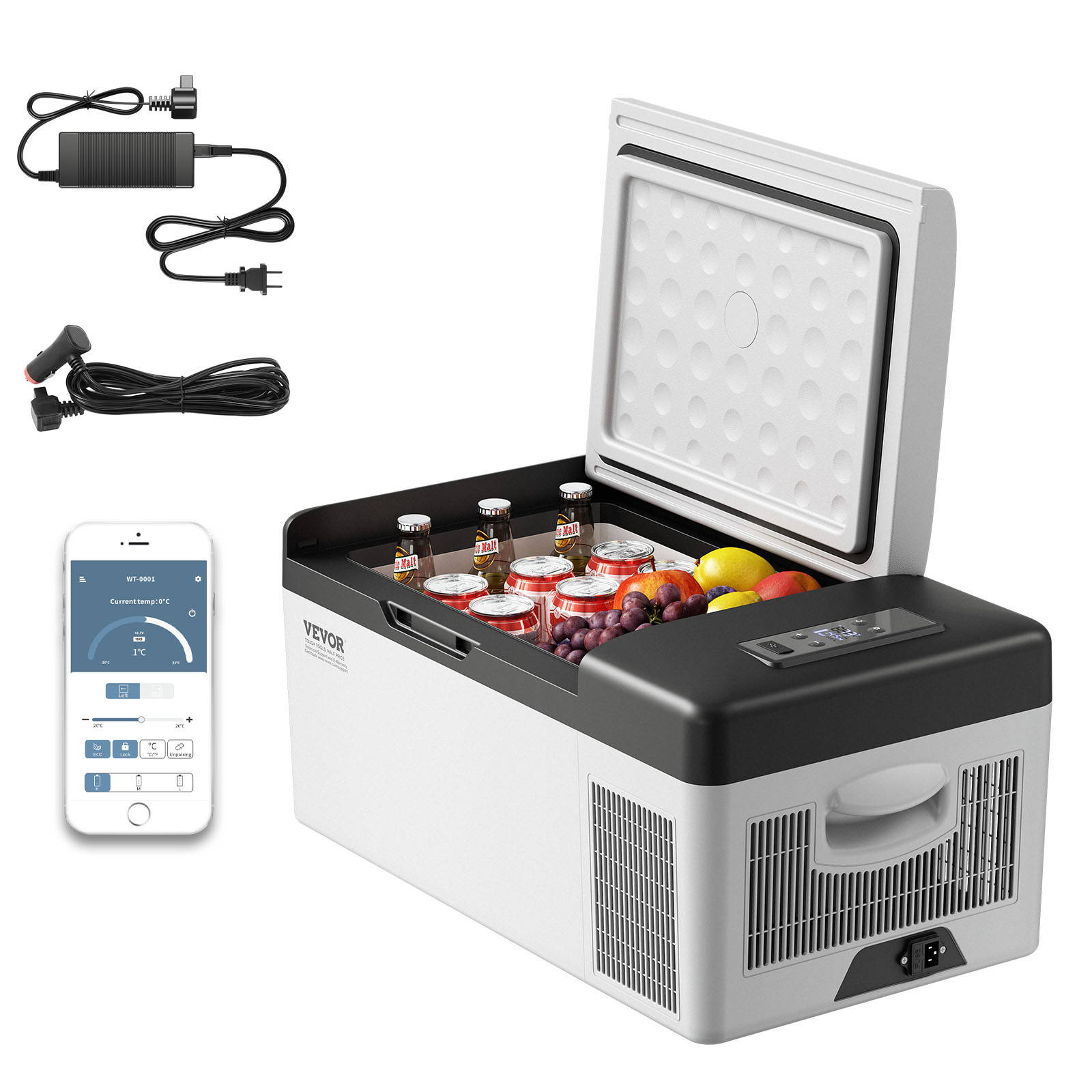 VEVOR 12 volt refrigerator with ice and fruits, touch control panel, and mobile phone app integration.