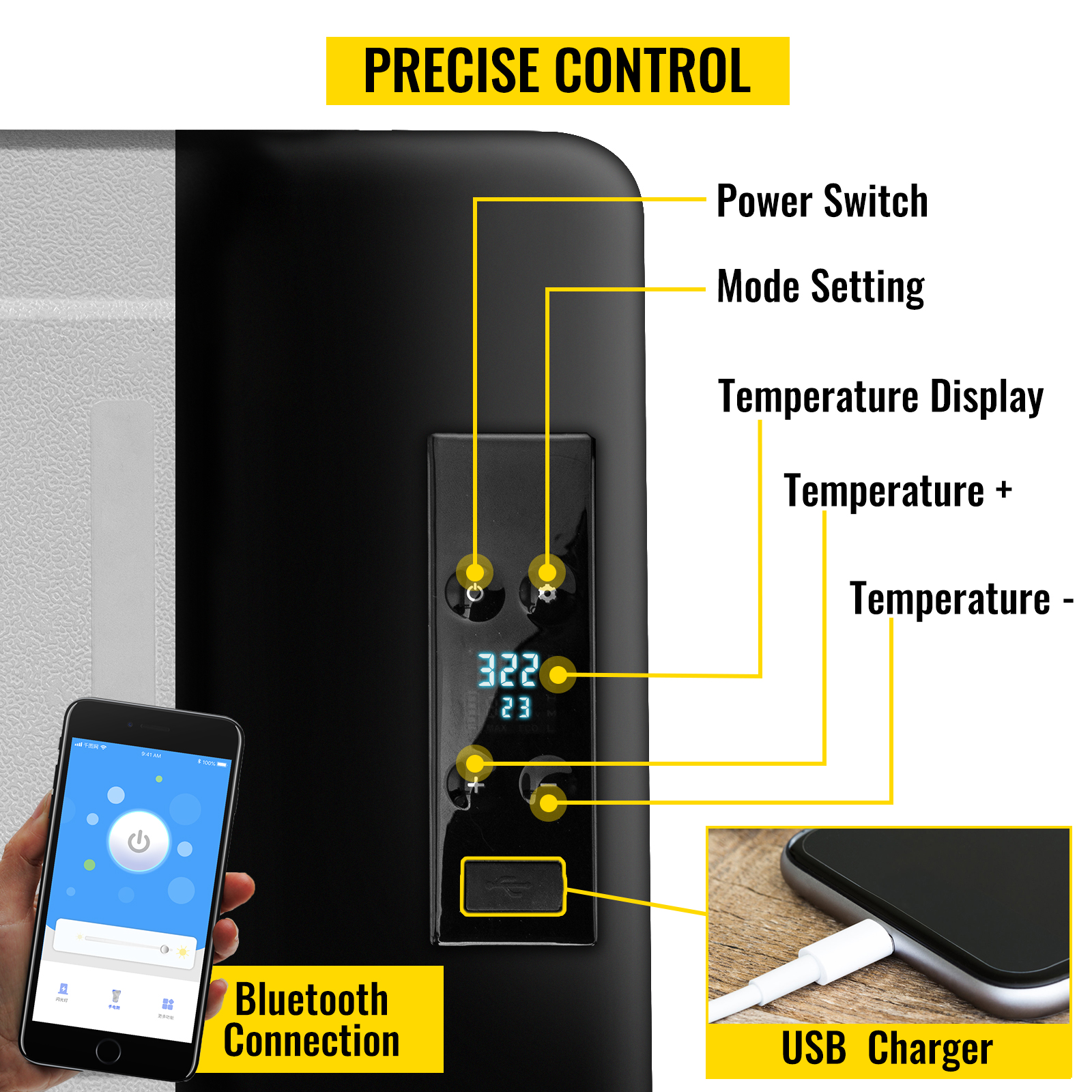 VEVOR 12 volt refrigerator with control panel, bluetooth connection, power switch, and usb charger.