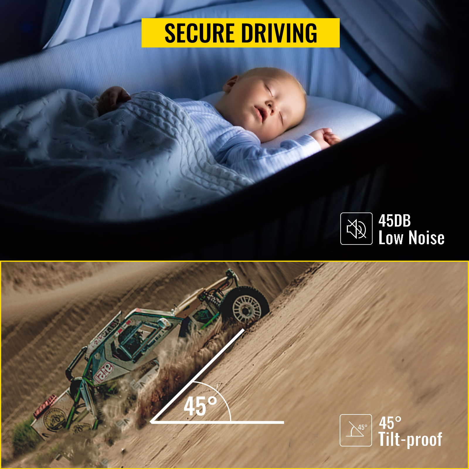 secure driving features of the VEVOR 12 volt refrigerator: 45db low noise and tilt-proof at 45 degrees.