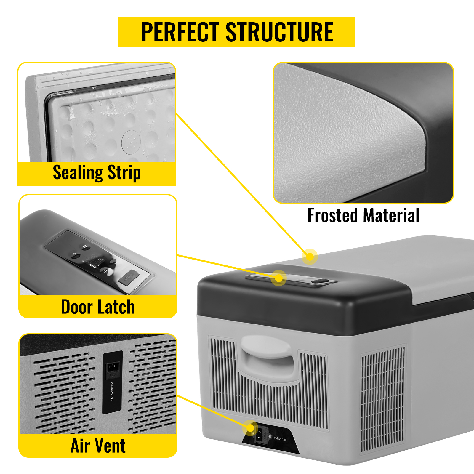 VEVOR 12 volt refrigerator structure showing sealing strip, frosted material, door latch, and air vent.