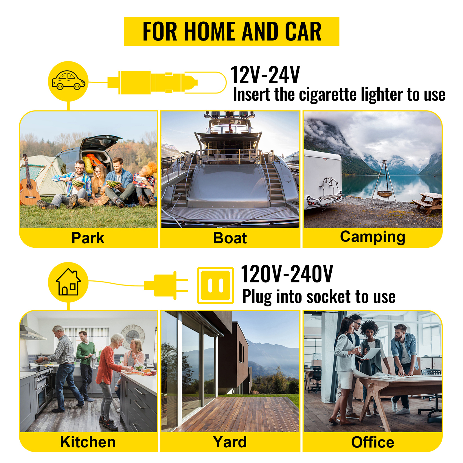 VEVOR 12 volt refrigerator for home and car use: park, boat, camping, kitchen, yard, office.