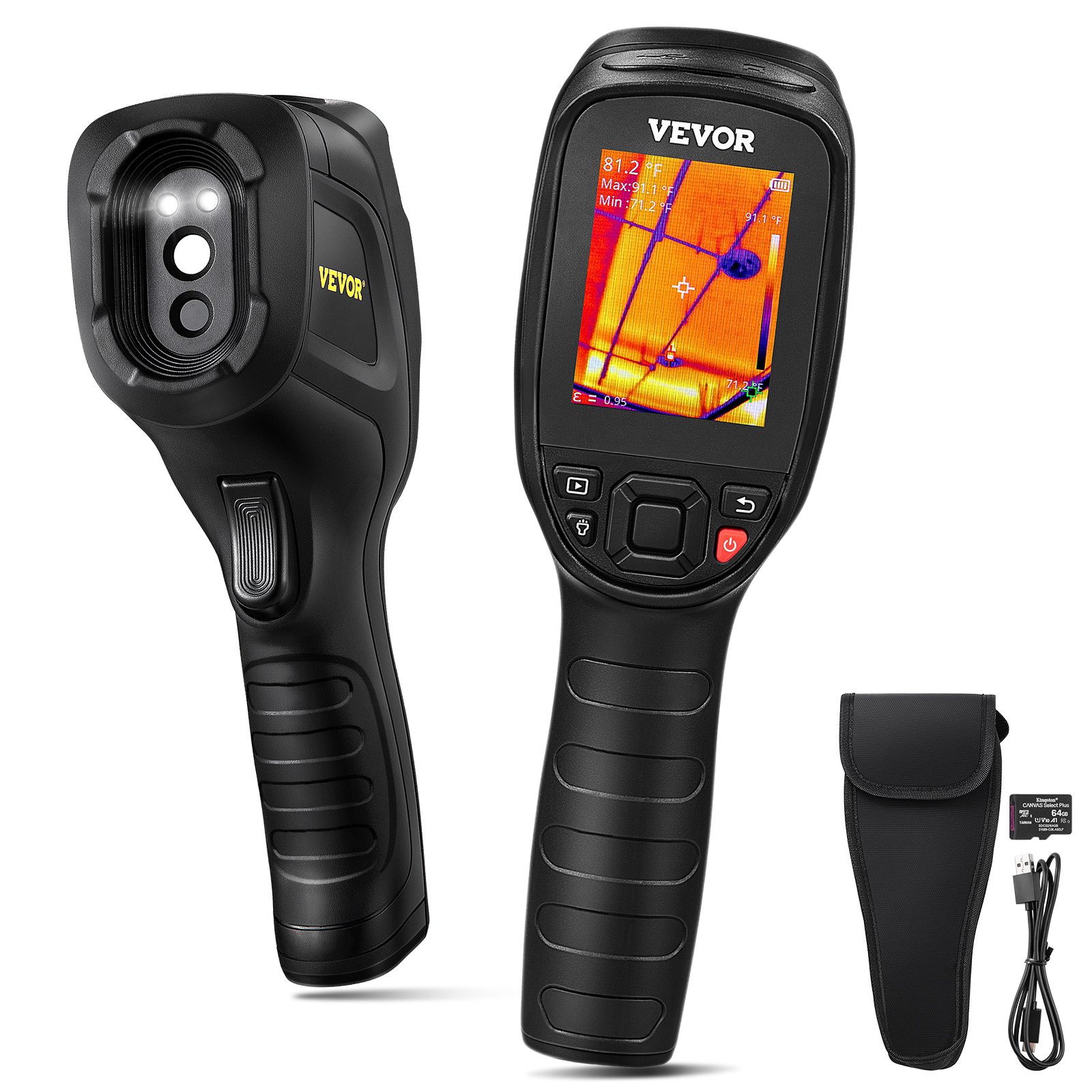 Тепловізор VEVOR з LCD екраном, ергономічною рукояткою, захисним футляром і usb-кабелем.