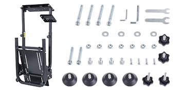 VEVOR racing simulator stand with screws, bolts, wrenches, and tools for assembly.